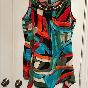 Lane Bryant Multicolor Abstract Tank Top with Beaded Neckline